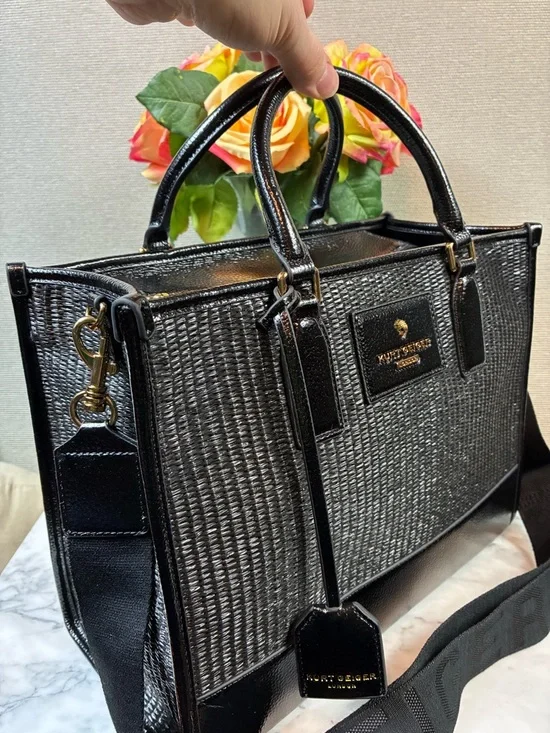 Kurt Geiger Black Metallic Leather & Raffia Chiswick Tote - NWT - Picture 3 of 11